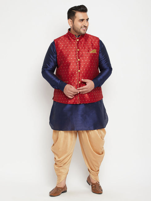 Vastramay Men's Plus Size Maroon Zari Weaved Nehru Jacket With Curved Kurta Dhoti set